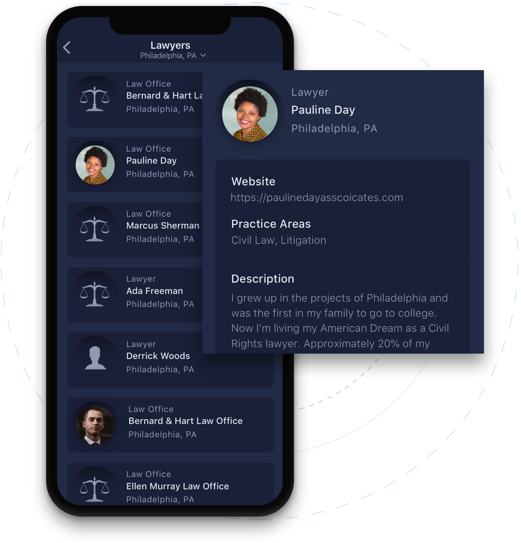 Phone mockup showing lawyer profiles